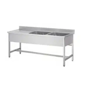 Plonge soudée sur pieds carrés sans étagère, inox AISI 304, 2 bacs à droite, L 1400 x P 600 x H 850 mm