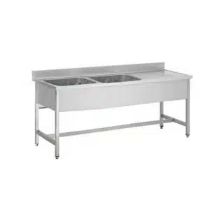 Plonge soudée sur pieds carrés sans étagère, inox AISI 304, 2 bacs à gauche, L 1600 x P 600 x H 850 mm