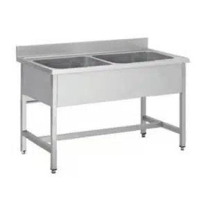 Plonge soudée sur pieds carrés sans étagère, inox ferritique, 2 bacs, L 1600 x P 600 x H 850 mm