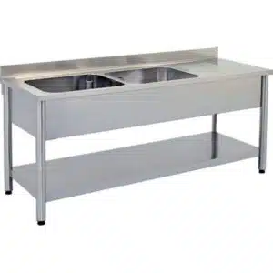 Plonge démontable pieds ronds avec étagère pleine, 2 bacs à gauche, inox ferritique, L 1600 x P 700 x H 850 mm