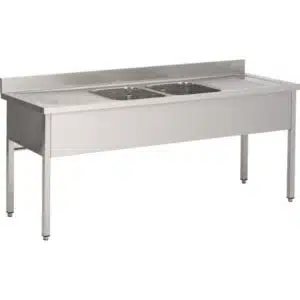 Plonge soudée sur pieds carrés sans étagère, inox ferritique, 2 bacs, L 2400 x P 700 x H 850 mm