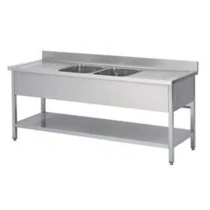 Plonge soudée sur pieds carrés avec étagère pleine, inox ferritique, 2 bacs, L 2400 x P 700 x H 850 mm