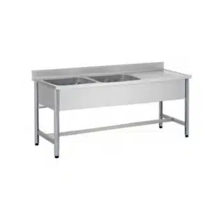 Plonge démontable sur pieds ronds, sans étagère, en inox ferritique, 2 bacs, L 1600 mm