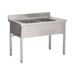 Plonge soudée sur pieds carrés sans étagère, inox AISI 304, 2 bacs, P-600 mm