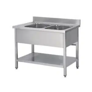 Plonge soudée sur pieds carrés avec étagère, inox AISI 304, 2 bacs, P-600 mm