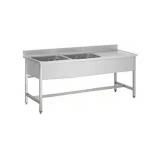 Plonge soudée sur pieds carrés sans étagère, inox AISI 304, 2 bacs, longueur 2000 mm