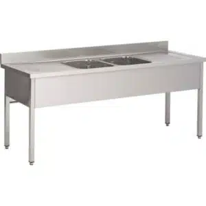 Plonge soudée sur pieds carrés sans étagère, inox AISI 304, 2 bacs au centre, longueur 2000 mm