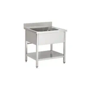 Plonge soudée sur pieds carrés avec étagère, inox AISI 304, 1 bac au centre, profondeur 700 mm