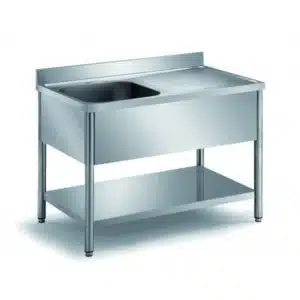 Plonge démontable sur pieds ronds, avec étagère, inox ferritique, 1 bac, longueur 1200 mm