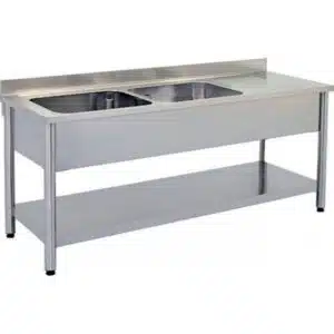 Plonge démontable sur pieds ronds, avec étagère, inox ferritique, 2 bacs à gauche, dimension bac : L 500 x P 400 x H 250 mm