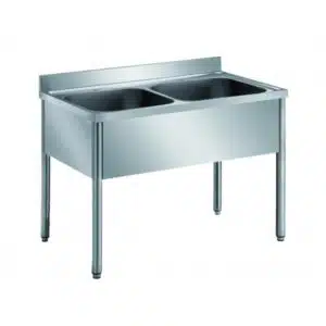 Plonge démontable sur pieds ronds, sans étagère, en inox ferritique, 2 bacs, L 1400 mm