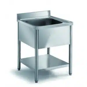 Plonge démontable sur pieds ronds, avec étagère, en inox AISI 304, L - 700 mm, 1 bac au centre