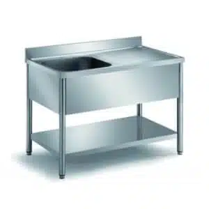 Plonge démontable sur pieds ronds, avec étagère, inox AISI 304, 1 bac, profonduer 700 mm, longueur 1000 mm