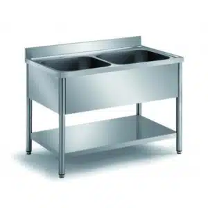 Plonge démontable sur pieds ronds, étagère pleine, en inox AISI 304, 2 bacs, L 1200 mm