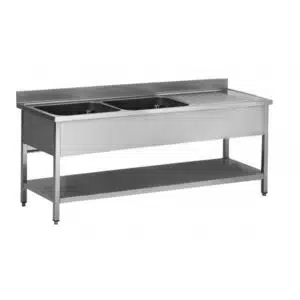 Plonge soudée sur pieds carrés avec étagère, inox ferritique, 2 bacs, longueur 2000 mm