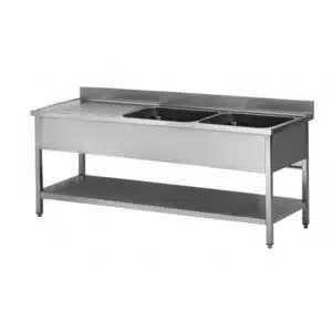 Plonge soudée sur pieds carrés avec étagère, inox ferritique, 2 bacs à droite, dimensions bacs : L 400 x P 400 x H 300 mm