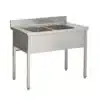 Plonge soudée sur pieds carrés sans étagère inox ferritique 2 bacs P 600 mm