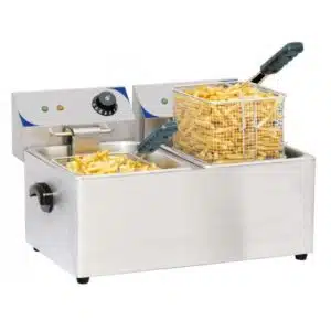 Friteuse boulanger électrique 2 x 4 litres, acier inoxydable, L 435 x P 400 x H 315 mm