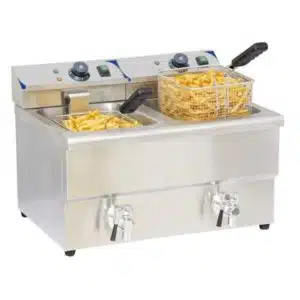 Friteuse électrique 2 x 8 litres avec vanne de vidange , acier inoxydable, L 550 x P 430 x H 410 mm