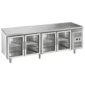 Desserte réfrigéré centrale, Gamme gastro GN1/1 portes vitrées , 4P, sans dosseret, inox 2230 x 700 x 850 mm