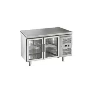 Desserte réfrigéré centrale, Gamme gastro GN1/1 portes vitrées , 2P, sans dosseret, inox 1360 x 700 x 850 mm