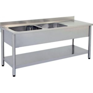 Plonge démontable pieds ronds avec étagère,2 bacs à gauche, inox AISI 304, L 1500 x P 600 x H 850 mm