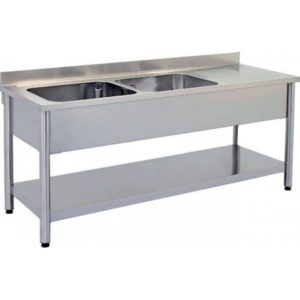Plonge démontable sur pieds ronds, avec étagère, inox ferritique, 2 bacs à gauche, dimension bac : L 400 x P 400 x H 250 mm