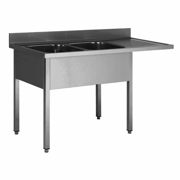 Plonge soudée sur pieds carré pour lave-vaisselle, sans étagère, inox AISI 304, 2 bacs, longueur 2000 mm