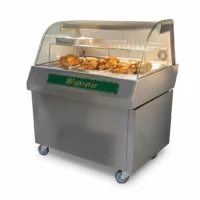Vitrine de présentation sur meuble à roulette vert