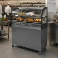 Vitrine de présentation en inox modèle MAP PLUS sur placard à roulette