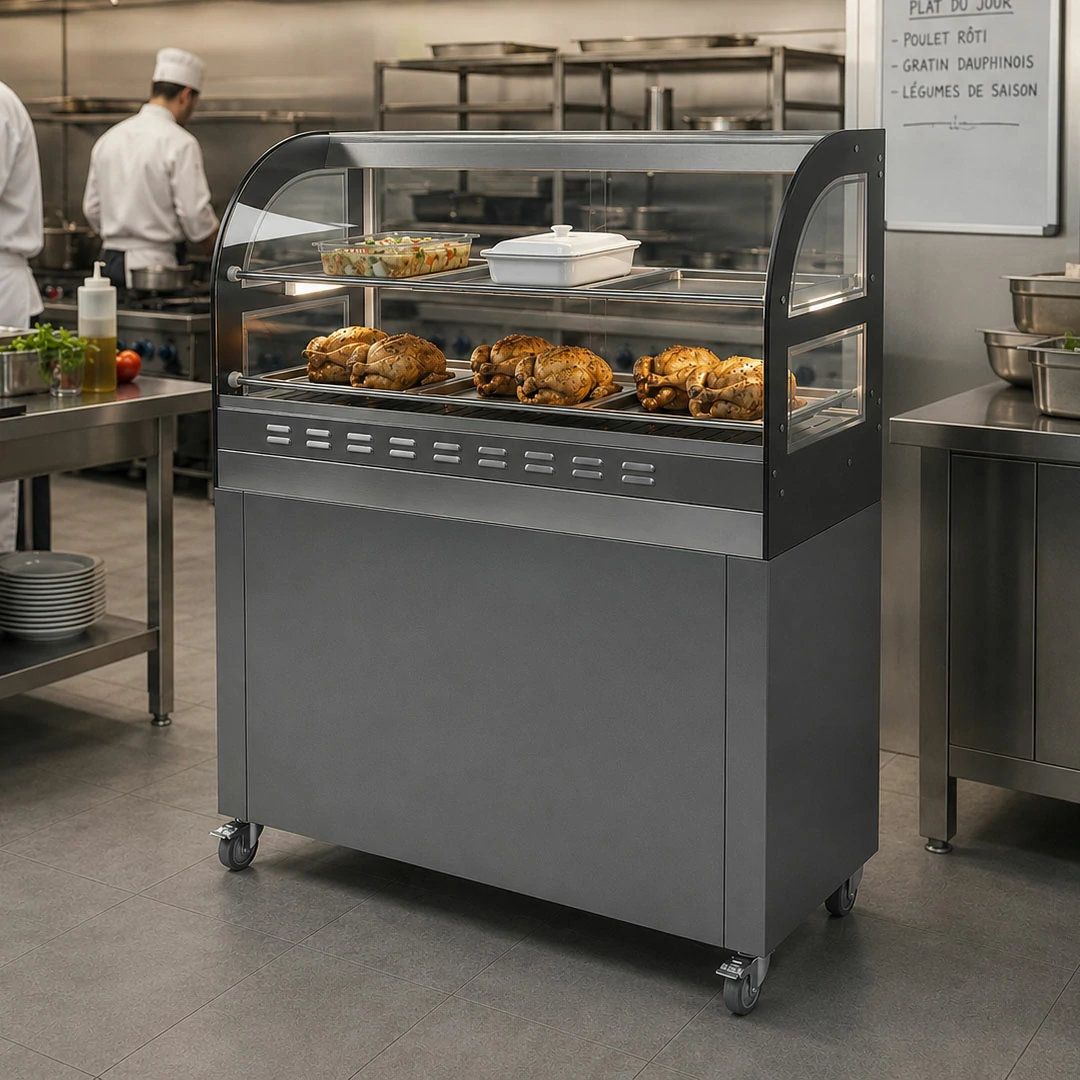 Vitrine de présentation en inox modèle MAP PLUS sur placard à roulette