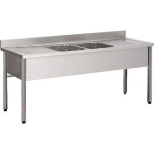 Plonge démontable sur pieds ronds, sans étagère, en inox AISI 304, 2 bacs, 2 égouttoirs, P 700 mm