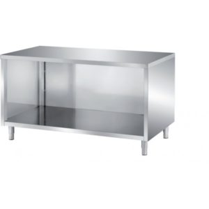 Meuble bas central ouvert, inox ferritique, adossé, profondeur 600 mm