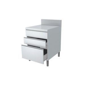 Meuble avec 3 tiroirs, dessus en inox, profondeur 800