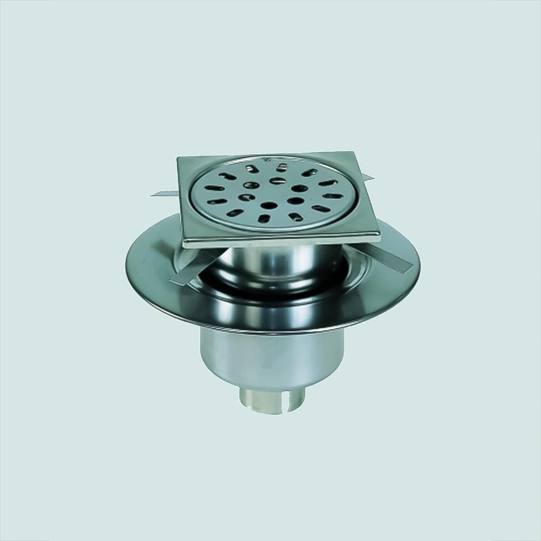Siphon inox pour sols carrelés avec cadre réglable grille Ø 175 mm ép grille 8 mm diamètre de sortie 100 mm
