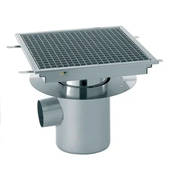 Caniveau avec cuvette monobloc inox sortie horizontale centrée Ø 100 mm