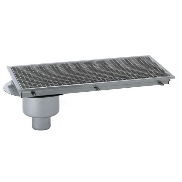 Caniveau avec cuvette monobloc inox, sortie verticale décentrée