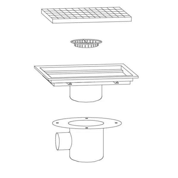 Caniveau avec cuvette inox sortie horizontale centrée Ø 100 mm