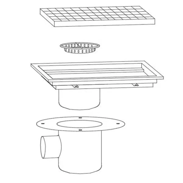 Caniveau avec cuvette réglable inox sortie horizontale décentrée