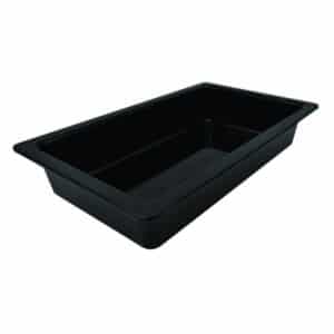 Plat noir format gastro en mélamine, bords larges sur pieds silicone, GN1/2