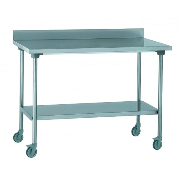 Table inox TS 15N démontable sur roues à dosseret + étagère pieds ronds largeur 800 mm