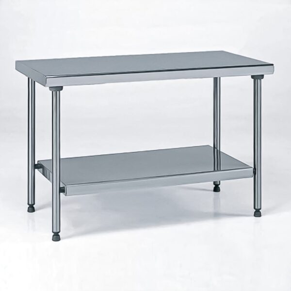 Table inox TS 15N démontable sur mesure centrale + étagère pieds ronds largeur 700 mm