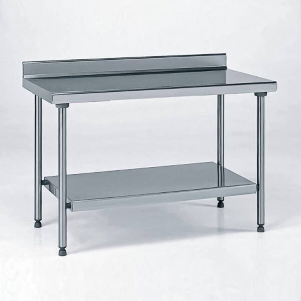 Table inox TS 15N démontable sur mesure à dosseret + étagère pieds ronds largeur 600 mm