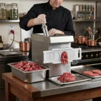 Hachoir a viande professionnel triphase double coupe avec portionneur en inox aisi 304