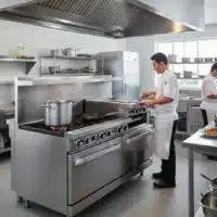 Fourneau 6 feux vifs plaque grillade surélevée sur 2 fours à gaz