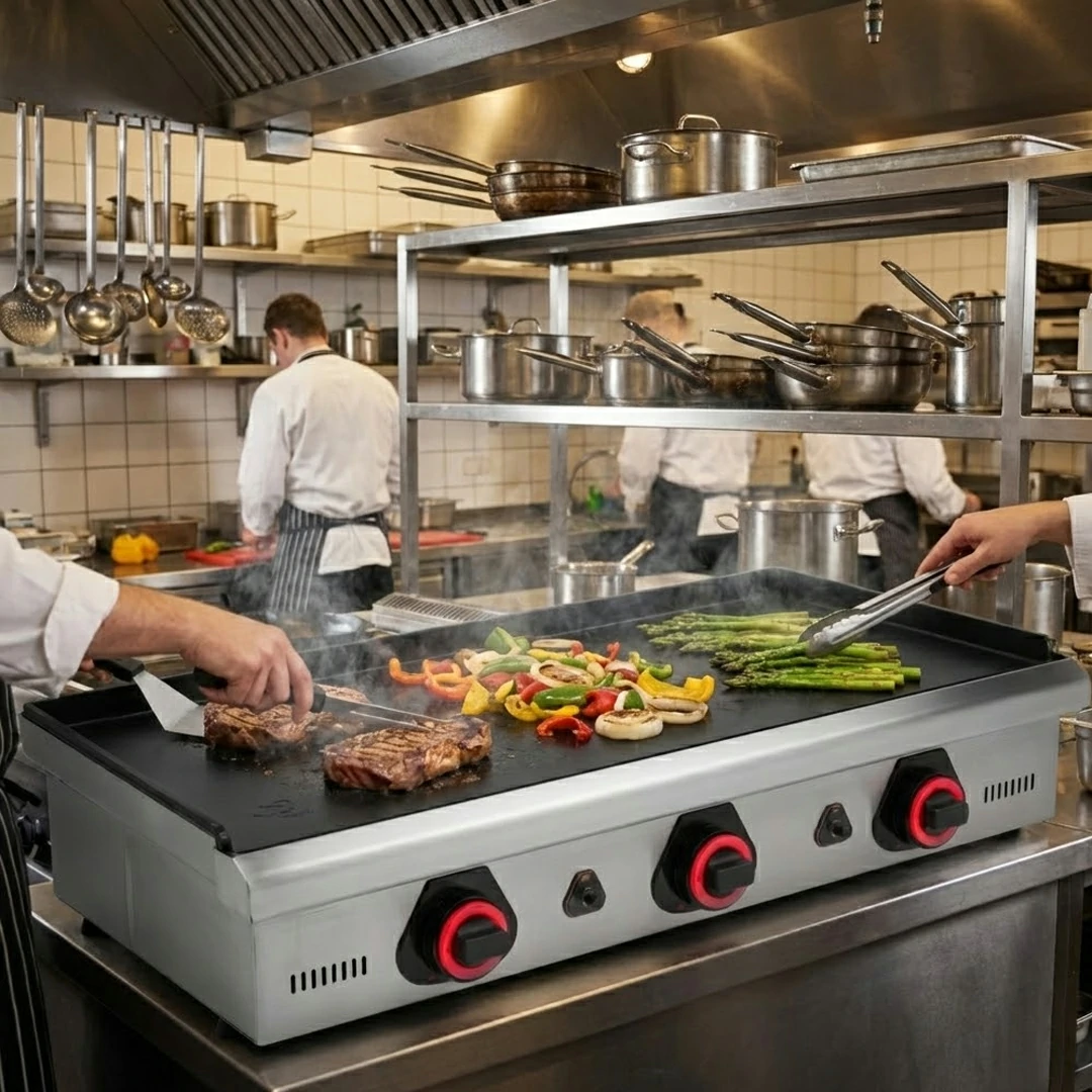 Plaque à snacker à gaz lisse en acier série ECO 3 zones