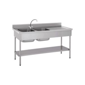 Plonge démontable, avec étagère, adossée, 2 bacs à gauche, 1 égouttoir à droite, L 1400 x l 700 x H 900 mm