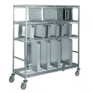 Chariot de stockage petit modèle, en acier inoxydable, 38 cases par niveau, pas de 30 mm, profondeur 620 mm