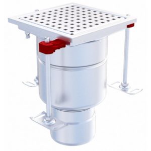 Siphon monolithique Epur HygieneFirst avec grilles inox, perforée 200 x 200 mm, sortie verticale, Ø 157 mm, 3,5 L/s