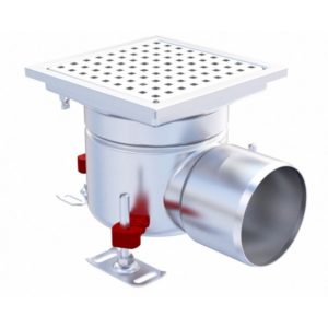 Siphon monolithique Epur HygieneFirst avec grilles inox, caillebotis 200 x 200 mm, sortie horizontale, Ø 157 mm, 2,6 L/s